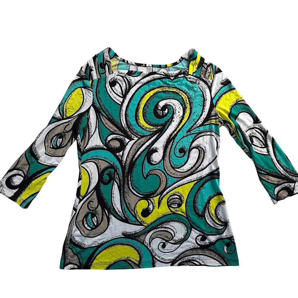 Madison Womens Medium Teal Lime Psychedelic Swirl Square Neck 3/4 Sleeve Top